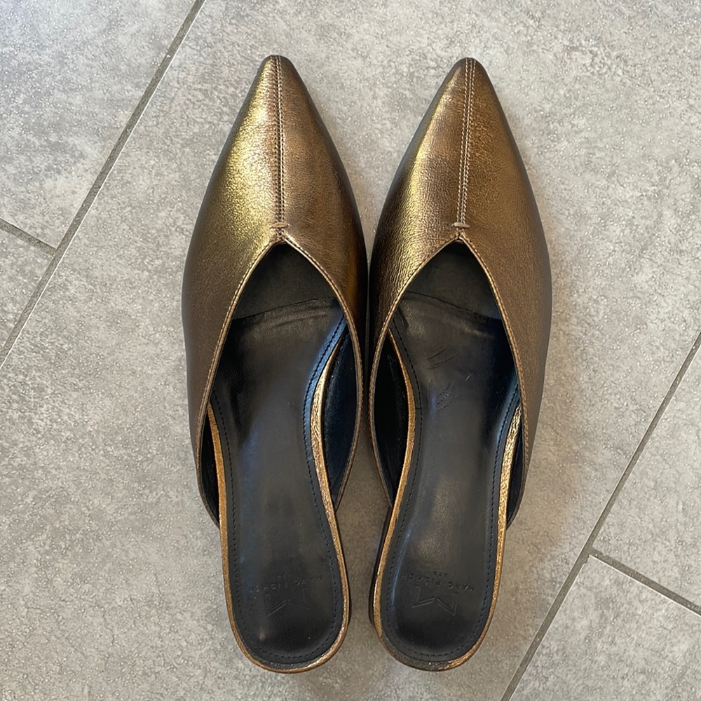 Gold metallic low heeled leather slide from Marc Fisher